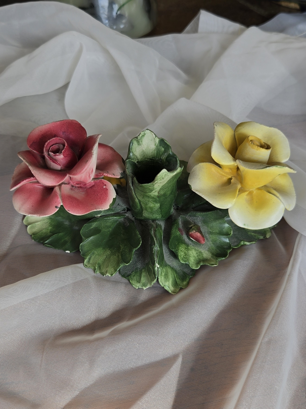 Vintage Capodimonte Italy Porcelain Rose Candlestick Holder